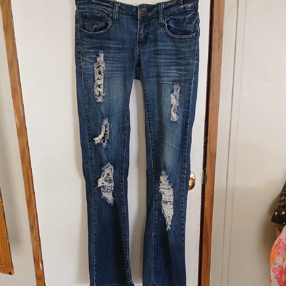 Classic Blue Distressed Straight Leg Jeans